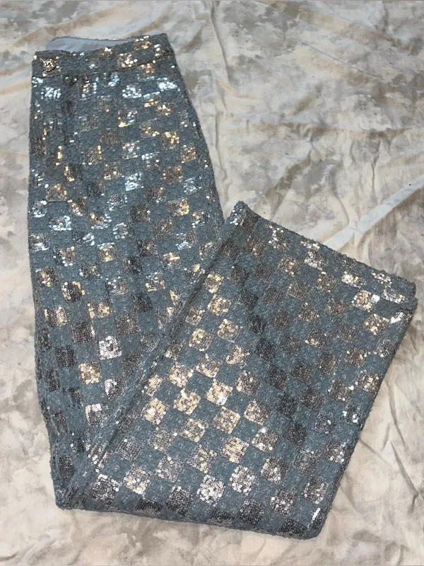 Line & Dot Blue Checkered Sequin Wide-Leg Pants - Image 3