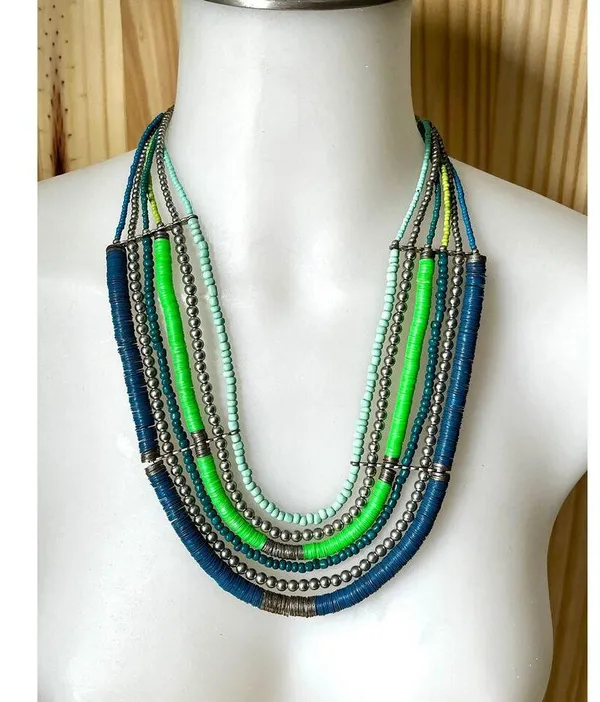 Vintage Blue and Green Multi Strand Necklace, Teal Bead Six Strand Necklace - Image 4