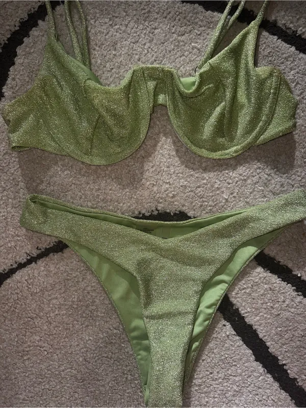 Lulus Heat Wave Light Green Sparkly Underwire Bikini Set - Image 6