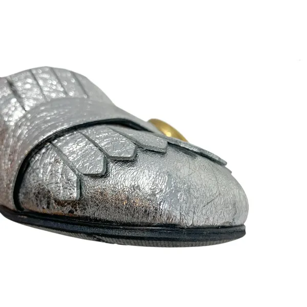 Gucci Silver Foiled Leather Marmont GG Logo Kiltie Fringe Flat Loafers EU 35 - Image 7