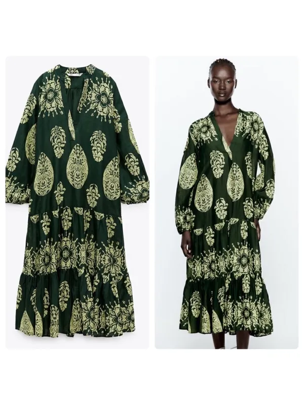 Zara Dark Green Midi Dress with Light Green Botanical Print - Image 2