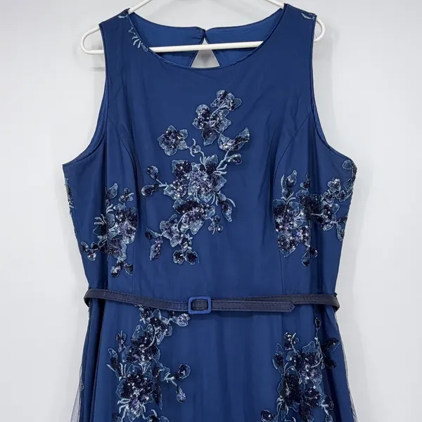 Eliza J Size 18 Navy Blue Embroidered Sequin Mesh Maxi Gown Formal Dress - Image 3