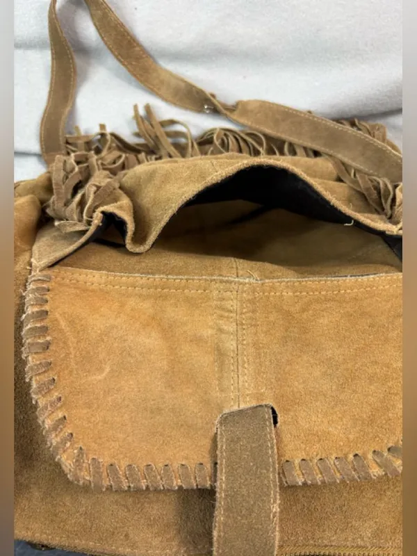 EARTHBOUND Hippie Boho Tan Suede Fringe Hobo Crossbody - Image 5