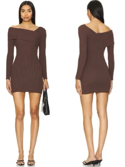 REVOLVE x SUPERDOWN Ysabel Off Shoulder Brown Ribbed Long Sleeve Mini Dress - Image 2