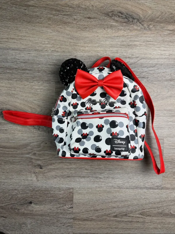 Loungefly Disney Minnie Mouse Mini Backpack Red Bow Black Sequin Ears Vegan - Image 5
