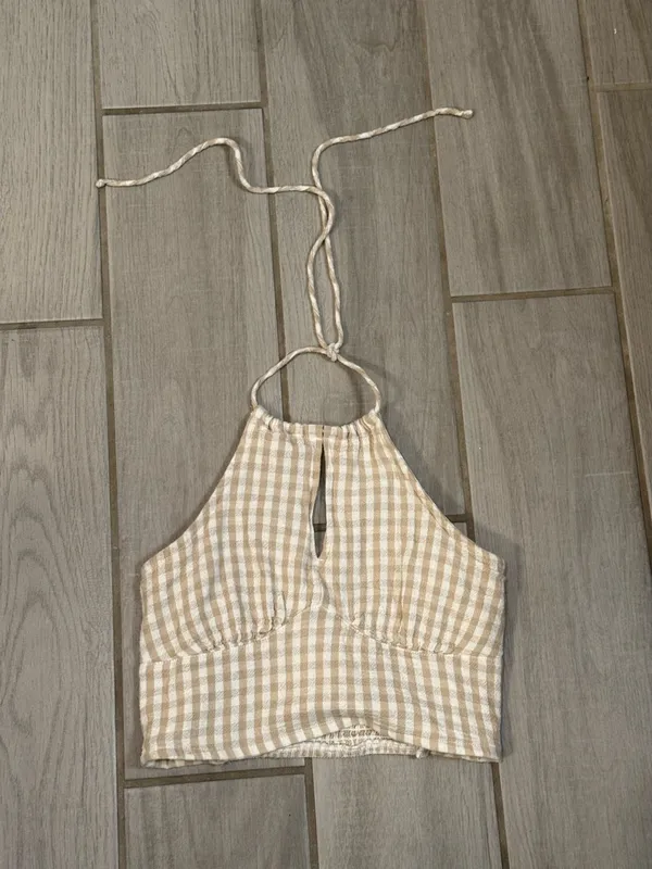 Hollister Beige Gingham Halter Crop Top - Image 2