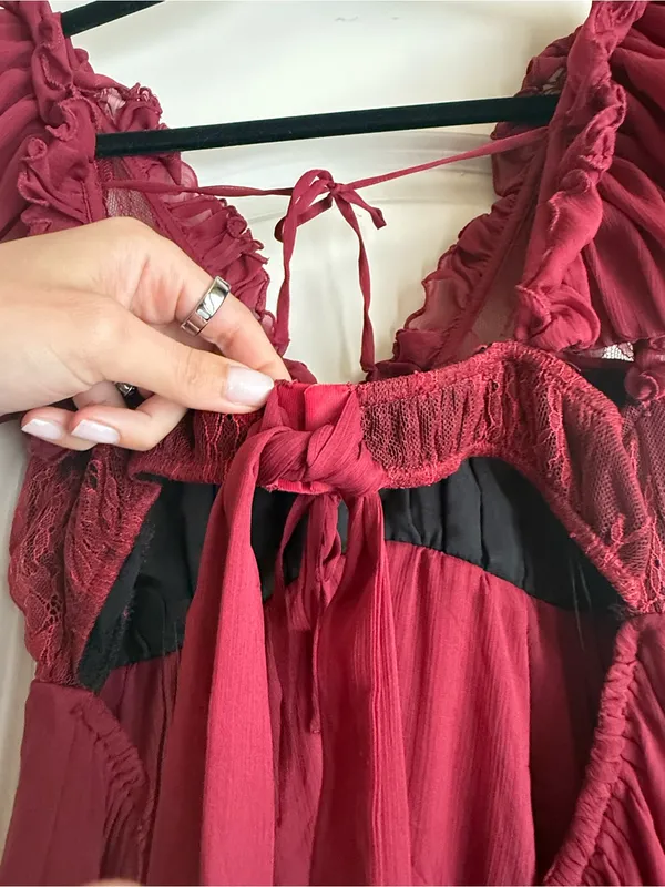 For Love & Lemons Claudine Babydoll Mini Dress Large Burgundy Romantic Flower S - Image 11