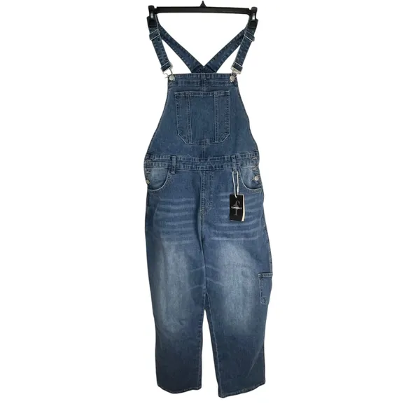 Flamingals Womens Denim Overalls XL Medium Wash Straight Leg Carpenter 80498 NEW - Image 10
