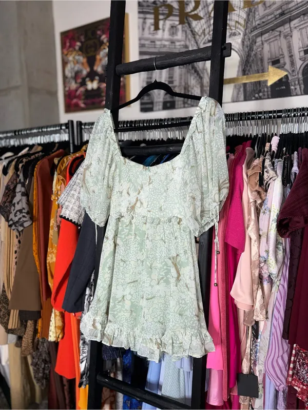 Selfie Leslie Kirra Sage Botanic Print Puff Sleeve Ruched Mini Dress XS New NWT - Image 14