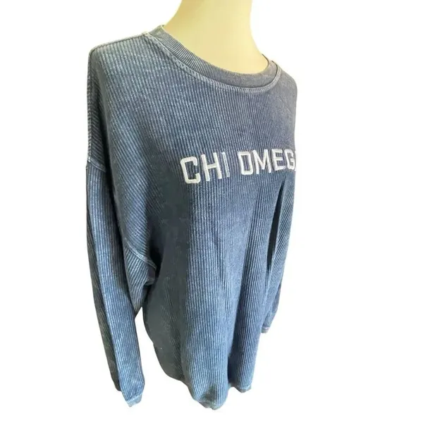 Corded Crew Slate Blue Chi Omega Corduroy-Style Sweatshirt – Size Large - Image 6