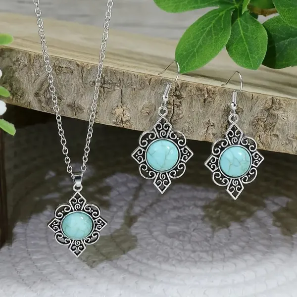 BJ Glamorous Vintage Style Floral Turquoise Gems Retro Necklace/Earring Set - Image 7