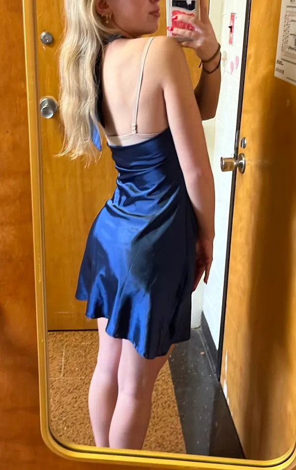 blue silk cowl neck dress - Image 3
