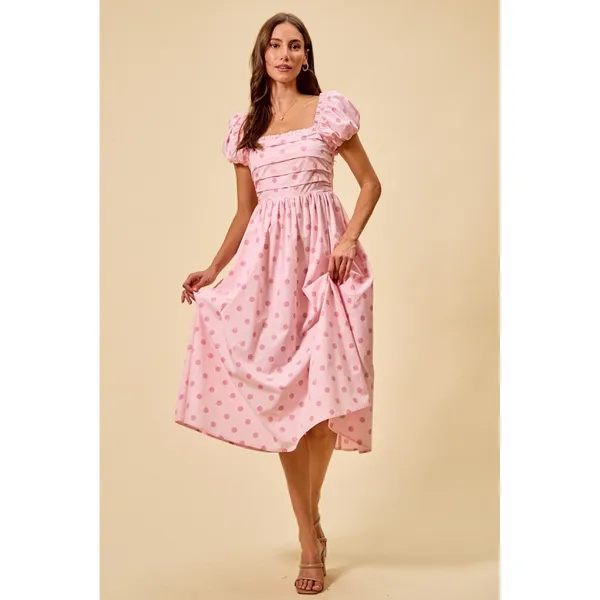 SO ME Polka Cotton Print Short Sleeves Midi Dress - Pink - Large - Image 4