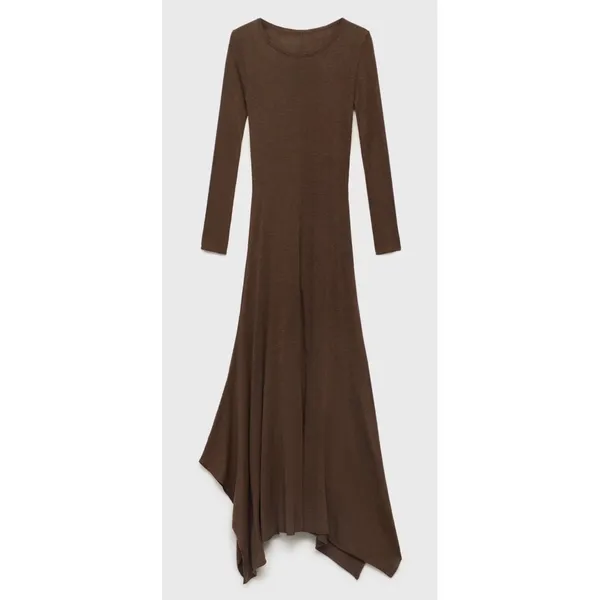 MANGO Asymmetrical Low-Knit‎ Dress Caramel Brown Long Sleeve Maxi XL - Image 4