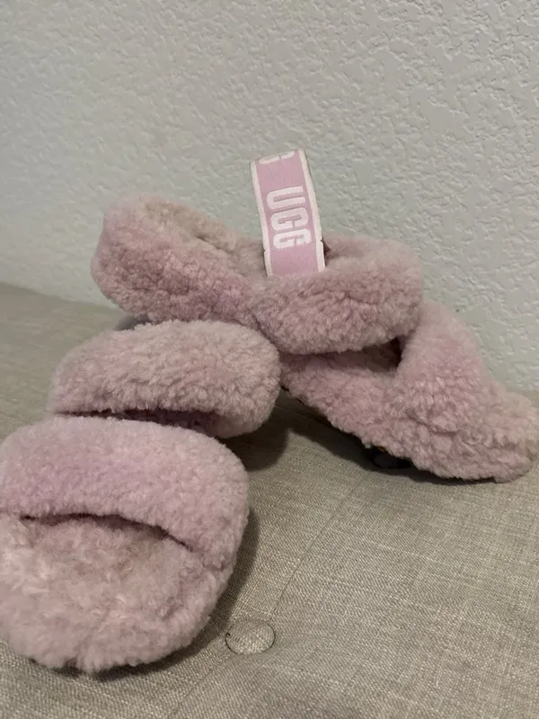 UGG Pink Plush Shearling Slide Sandals with Branded Heel Strap 8 - Image 2