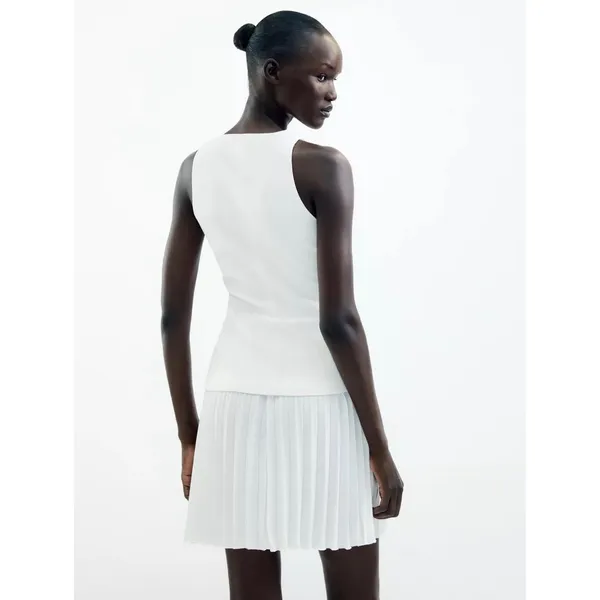 Zara Dress Women XL White Old Money‎ Pleated Mini Skirt V-Neck Waistcoat Vest - Image 2