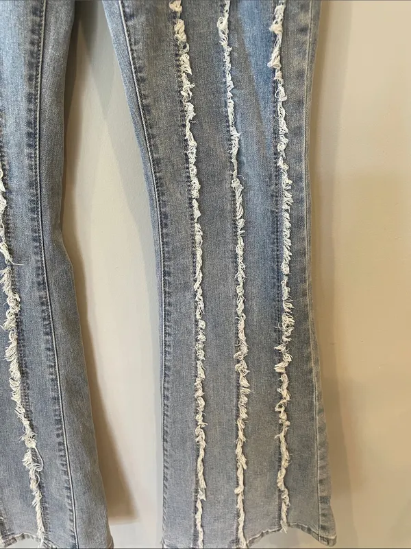 Women’s Light Blue Frayed Stripe Flared Jeans - Image 3