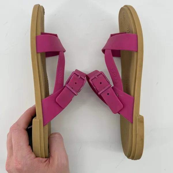Crocs Tulum Toe Post Sandal Flip Flop Fuchsia Pink Tan Women 7 Buckle Straps - Image 7
