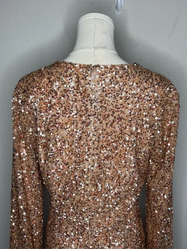 Retrofete Bronze Rose Gold Sequin Long Sleeve Nikki Mini Dress Evening Party - Image 4