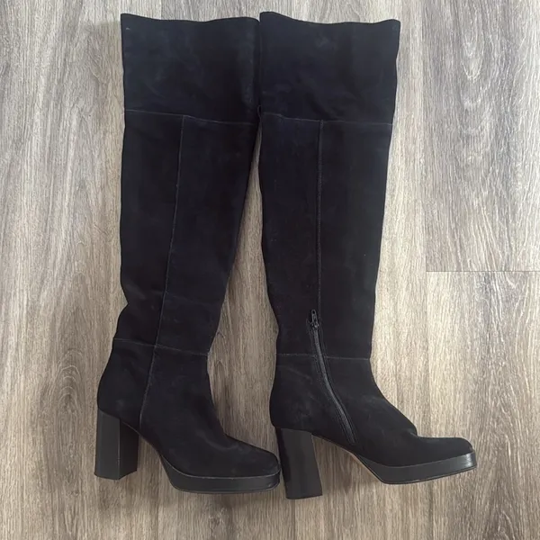 Free People Black Tall Boots Size 8 Leather Platform Square Toe Heeled - Image 4