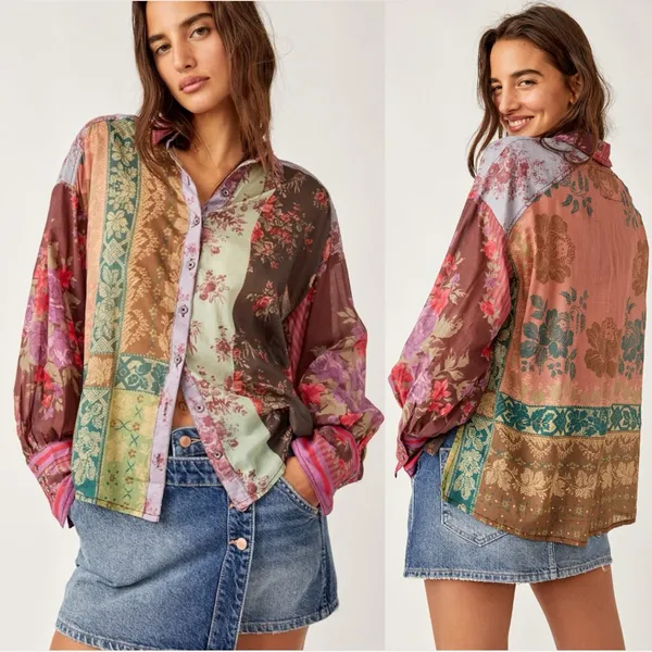 Free People Bohemian Patchwork Flower Patch Top Berry Combo Oversized Small Fall - Image 3