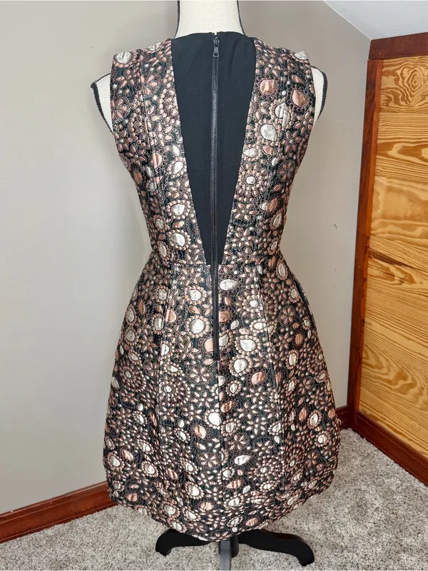 Alice & Olivia Pacey Low V-Neck Metallic Brocade Jacquard Lantern Mini Dress 2 - Image 3
