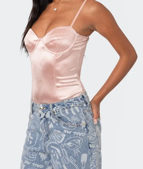 Edikted Pink Satin Open Back Bodysuit - Image 3