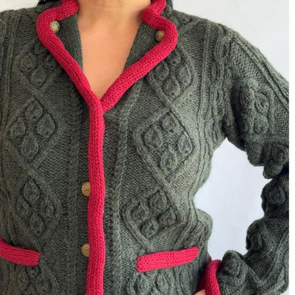 Lands’ End Vintage Shetland Wool Cardigan Green Pink Trim Cable Knit Jacket L - Image 3