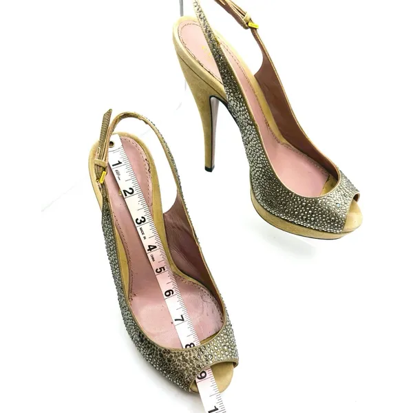 Gucci Tan Suede Crystal Slingback Peep Toe Pumps Heels Women’s EU 37.5 - Image 6