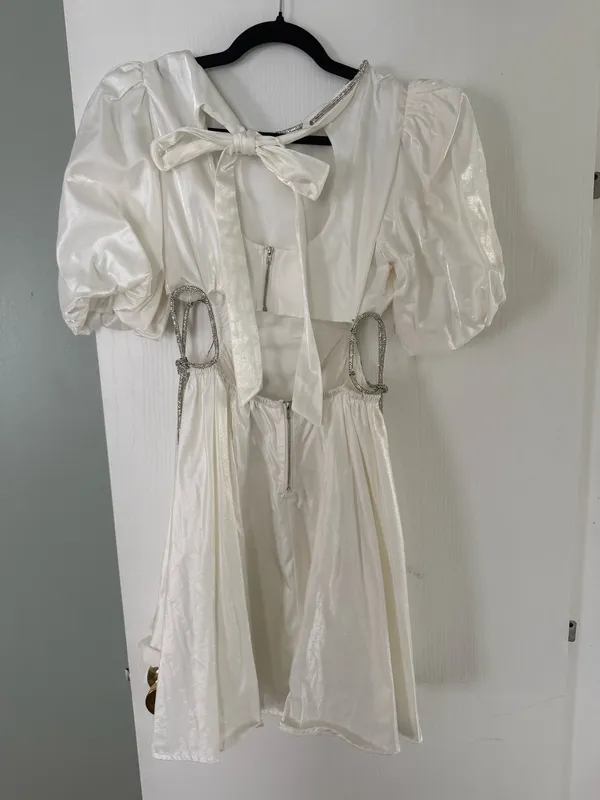 Sofie the label white puff sleeve rhinestone dress with bow cutouts - Image 3