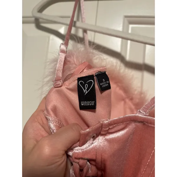 Windsor Pink Velvet Feather Trim Bodysuit Size S - Image 7
