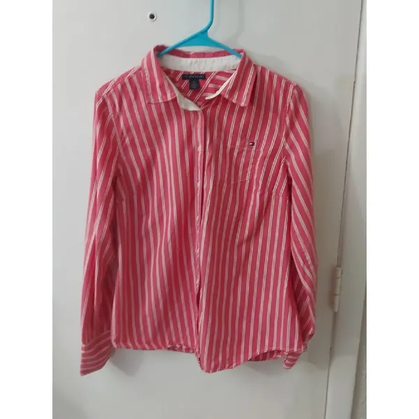 Tommy Hilfiger Red/White Striped Button Down Shirt M Classic Preppy Cherrygirl - Image 3