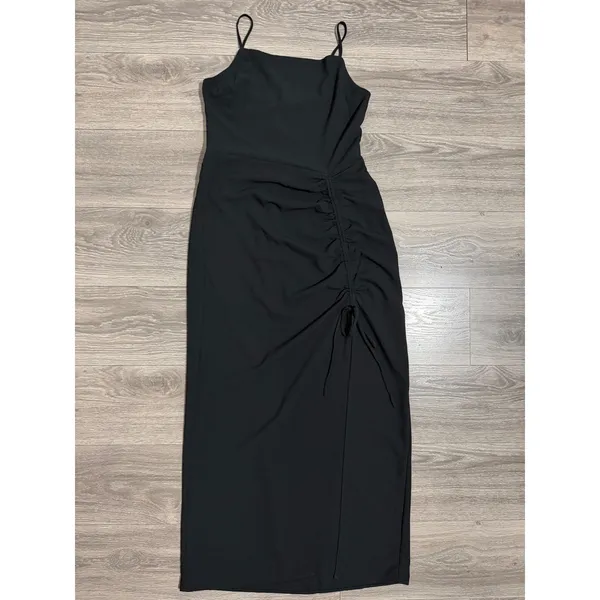 New Material Girl Midi Dress L Caviar Black Ruched Side Slit Cocktail Prom Edgy - Image 11