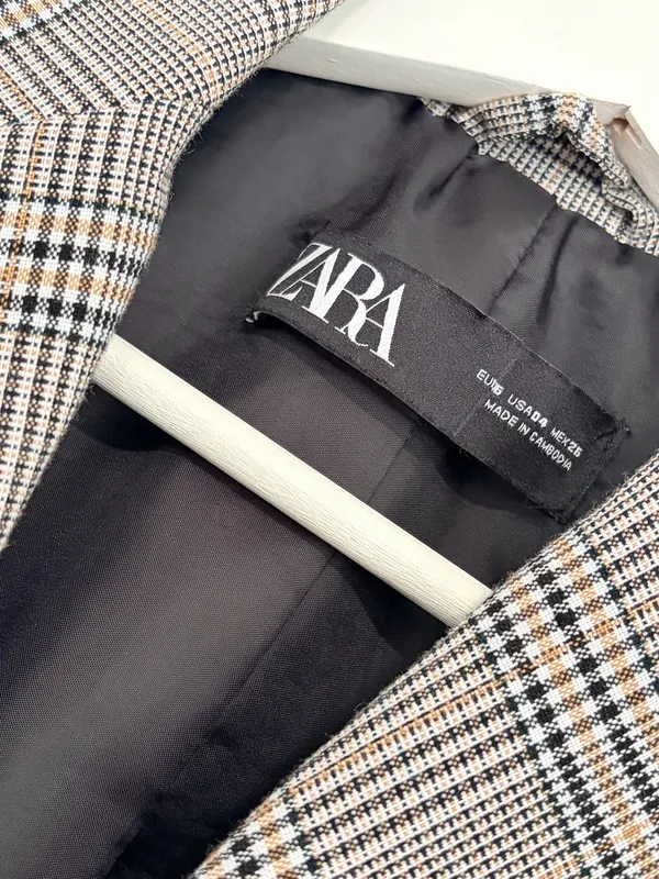ZARA Womens Plaid Blazer Brown Glen Check Tailored Preppy Academia Old Money Chic Size S - Image 4