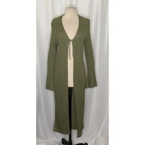 By ANTHROPOLOGIE Long Shine Cardigan Sweater Green Tie Front Knitwear Small - Image 2