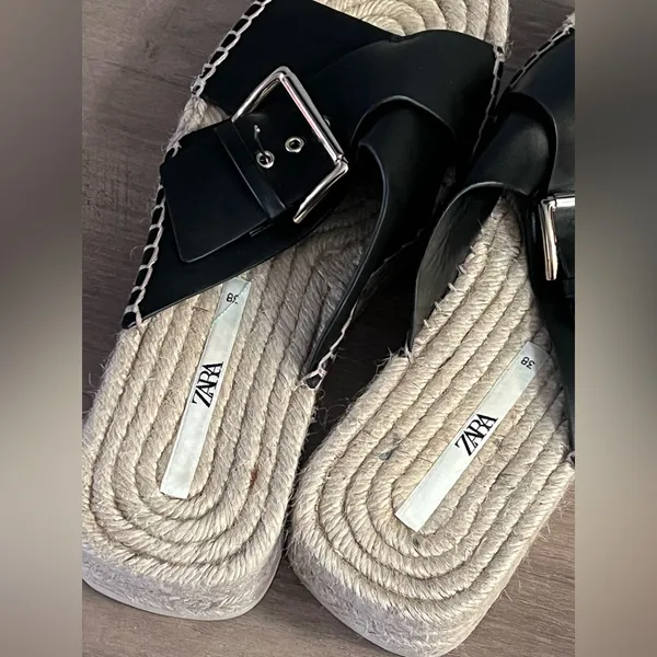 Zara Black Leather Espadrille JUTE WEDGE SANDALS - Image 15