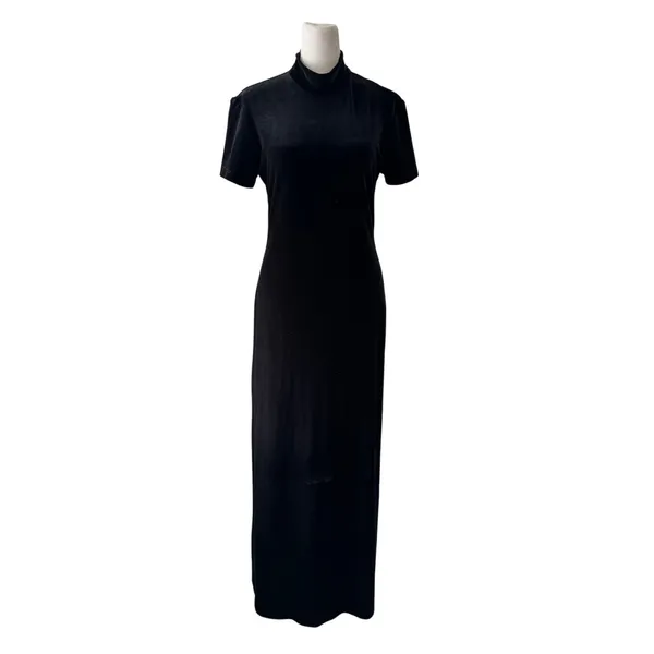 Vintage ‘90s Mica Black Velvet Mock Neck Short Sleeve Bodycon Maxi Dress - Image 2