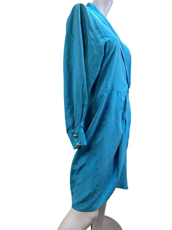 Drapey Wrap 100% Silk 80s Vintage Working Girl Dress Turquoise Sz 8 - Image 8