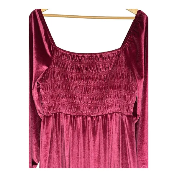 LC Lauren Conrad Velvet Mini‎ Dress Large Wine Red Smocked Ruffle Long Sleeve - Image 3
