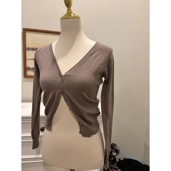 y2k Twenty One Cropped Cardigan Taupe Brown V-Neck Button Up Long Sleeve Sweater - Image 3