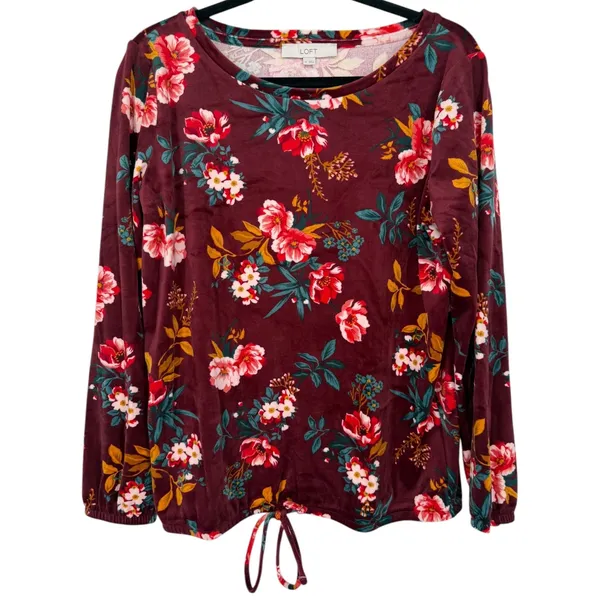 NWT LOFT Floral Velour Drawstring Hem Popover Blouse Top Long Sleeve Size Medium - Image 4