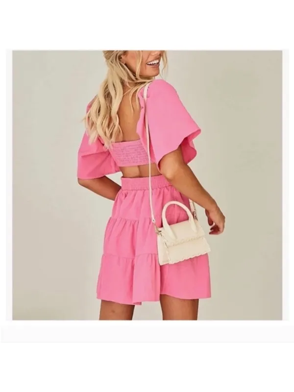 Shy Velvet Dress Womens L Crossover Cut Out‎ Waist Mini Summer Square Neck Pink - Image 2