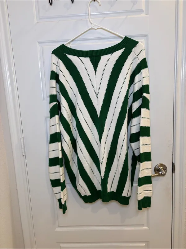 PrettyGarden XXL Green Cream Striped Oversized V Neck Sweater - Image 3
