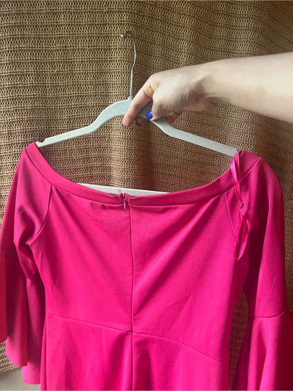 She + Sky Hot Pink Off-Shoulder Ruffle Sleeve Mini Dress - Image 4