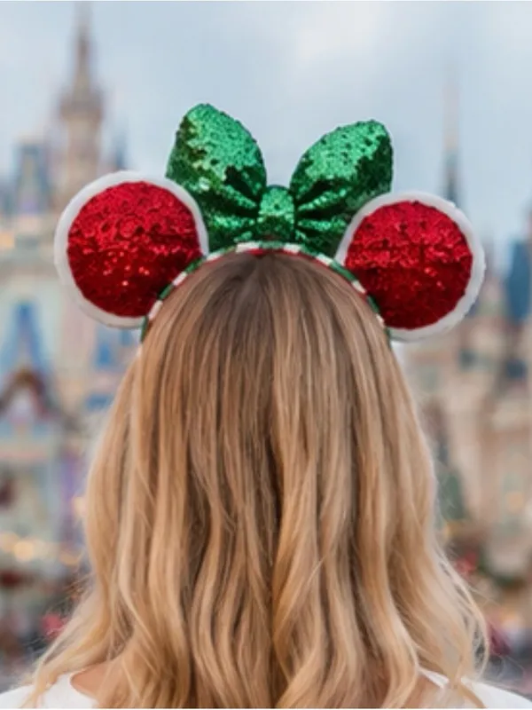 Disney Minnie Mouse ear Christmas headband -red sequin ears + green sequin bow - Image 6