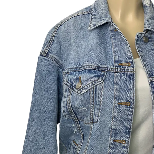 American Eagle Oversized Distressed Denim Jean Jacket‎ Small - Image 2