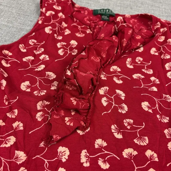 Lauren Ralph Lauren Tank Womens M Red Floral V-Neck Ruffle Jersey Lightweight - Image 2
