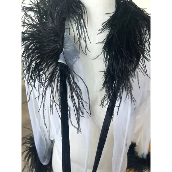 Y2K White Sheer & Black Feather Trim Tie Cardigan Cher Clueless Whimsygoth - Image 5