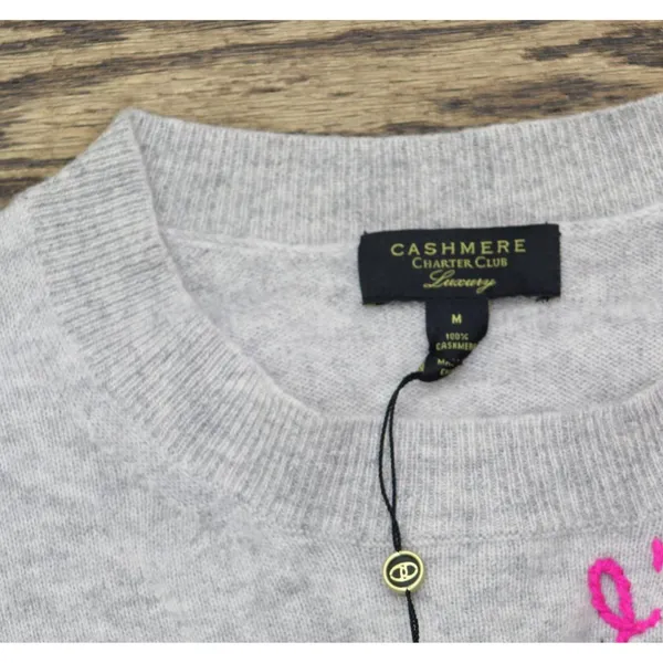 NWT Charter Club Women's Cashmere L'Amour Embroidered Crewneck Sweater Gray M - Image 8