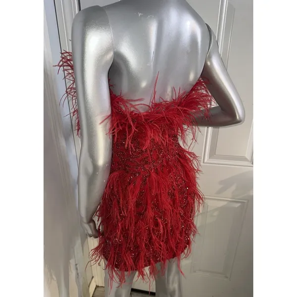 ASHLEYlauren 4615 Red Beaded Feather Cocktail Dress Strapless 2 Pageant Prom - Image 11